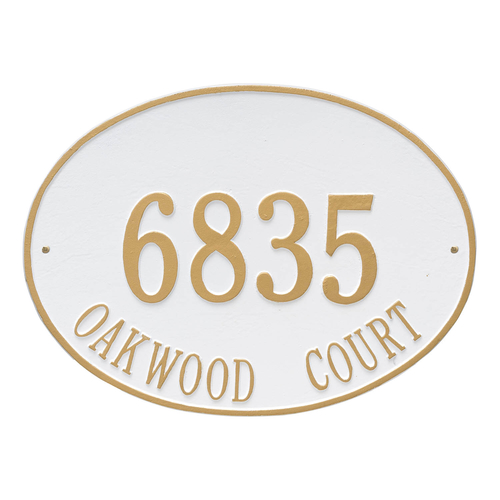 Hawthorne Oval Address Plaque with a White & Gold Finish, Estate Wall Mount with Two Lines of Text