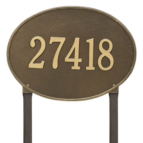 Hawthorne Oval Address Plaque with a Antique Brass Finish, Estate Lawn Size with One Line of Text