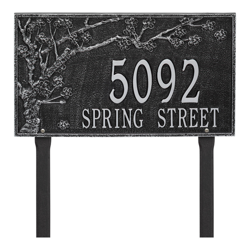 Personalized Spring Blossom Black & Silver Finish, Estate Lawn with Two Lines of Text