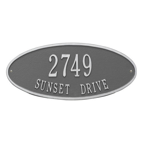 Madison Style Oval Shape Address Plaque with a Pewter & Silver Finish, Standard Wall Mount with Two Lines of Text