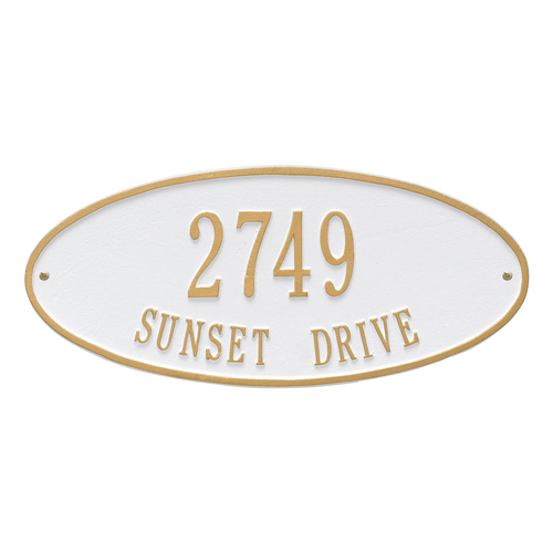 Madison Style Oval Shape Address Plaque with a White & Gold Finish, Standard Wall Mount with Two Lines of Text