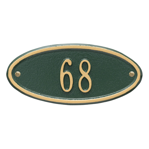 Madison Style Oval Shape Address Plaque with a Green & Gold Petite Wall Mount with One Line of Text