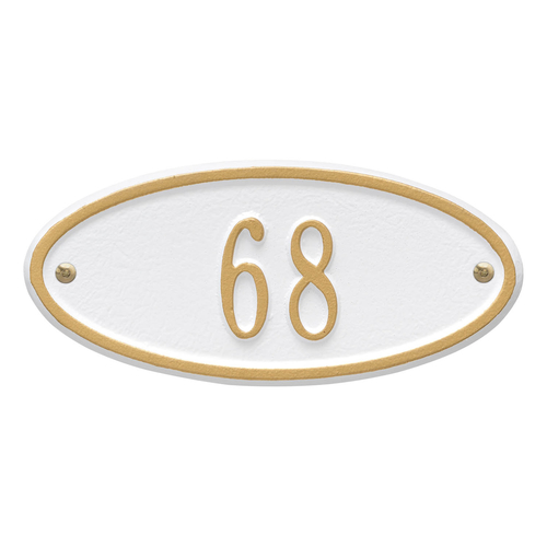 Madison Style Oval Shape Address Plaque with a White & Gold Petite Wall Mount with One Line of Text