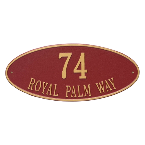 Madison Style Oval Shape Address Plaque with a Red & Gold Finish, Estate Wall Mount with Two Lines of Text