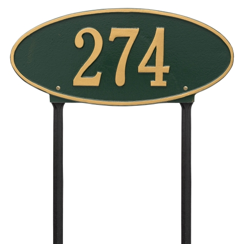 Madison Style Oval Shape Address Plaque with a Green & Gold Finish, Standard Lawn Size with One Line of Text
