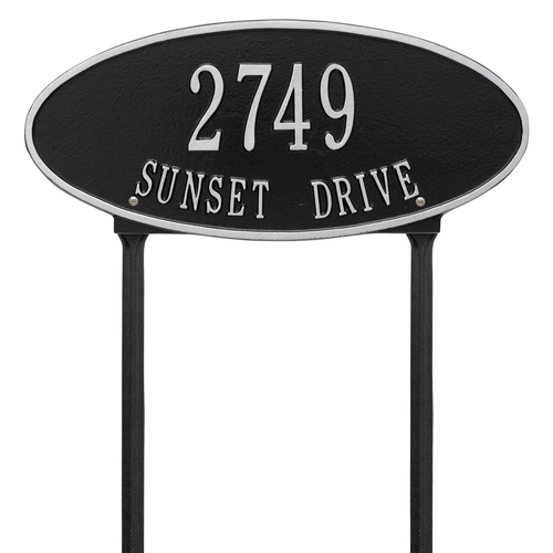 Madison Style Oval Shape Address Plaque with a Black & Silver Finish, Standard Lawn with Two Lines of Text