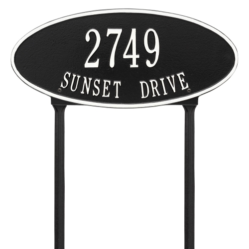 Madison Style Oval Shape Address Plaque with a Black & White Finish, Standard Lawn with Two Lines of Text