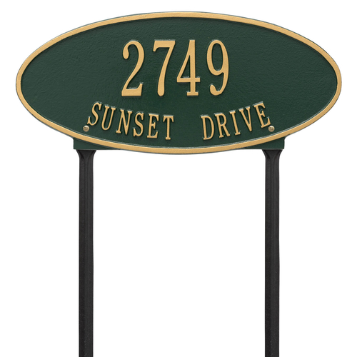 Madison Style Oval Shape Address Plaque with a Green & Gold Finish, Standard Lawn with Two Lines of Text