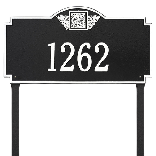 Square Shaped Address Plaque with your Monogram with a Black & White Finish, Estate Lawn Size with One Line of Text