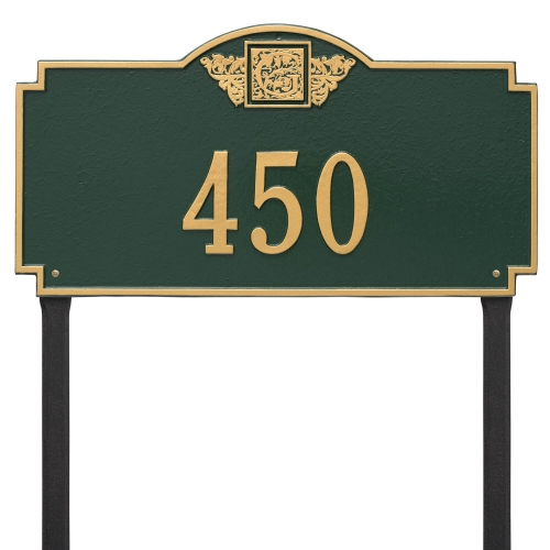 Square Shaped Address Plaque with your Monogram with a Green & Gold Finish, Estate Lawn Size with One Line of Text