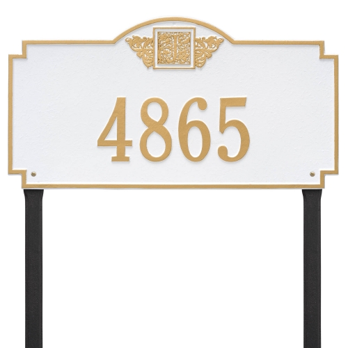 Square Shaped Address Plaque with your Monogram with a White & Gold Finish, Estate Lawn Size with One Line of Text