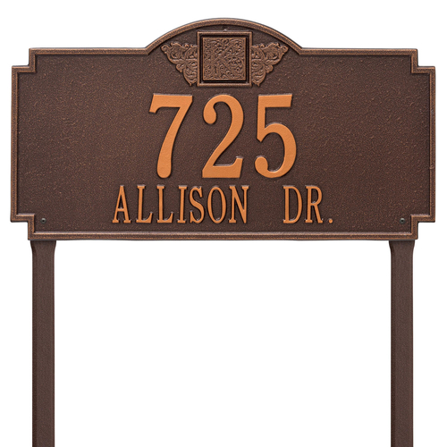 Square Shaped Address Plaque with your Monogram with a Antique Copper Finish, Estate Lawn with Two Lines of Text