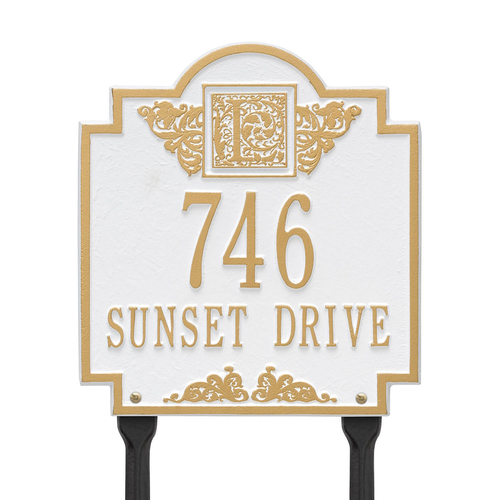 Square Shaped Address Plaque with your Monogram with a White & Gold Finish, Standard Lawn with Two Lines of Text