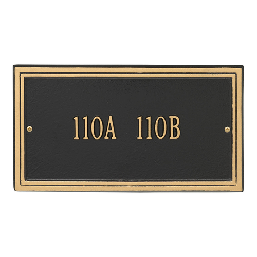 Rectangle Shape Double Line Address Plaque with a Black & Gold Finish, Standard Wall Mount with One Line of Text