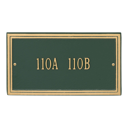 Rectangle Shape Double Line Address Plaque with a Green & Gold Finish, Standard Wall Mount with One Line of Text