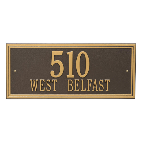 Rectangle Shape Double Line Address Plaque with a Bronze & Gold Finish, Estate Wall Mount with Two Lines of Text
