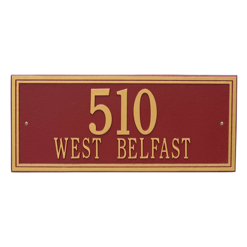 Rectangle Shape Double Line Address Plaque with a Red & Gold Finish, Estate Wall Mount with Two Lines of Text