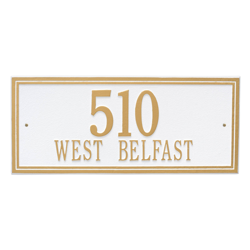 Rectangle Shape Double Line Address Plaque with a White & Gold Finish, Estate Wall Mount with Two Lines of Text