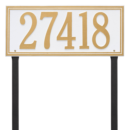 Rectangle Shape Double Line Address Plaque with a White & Gold Finish, Estate Lawn Size with One Line of Text