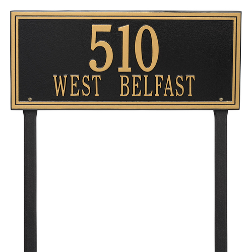 Rectangle Shape Double Line Address Plaque with a Black & Gold Finish, Estate Lawn with Two Lines of Text