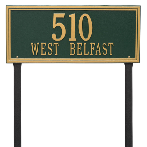 Rectangle Shape Double Line Address Plaque with a Green & Gold Finish, Estate Lawn with Two Lines of Text