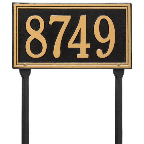 Rectangle Shape Double Line Address Plaque with a Black & Gold Finish, Standard Lawn Size with One Line of Text