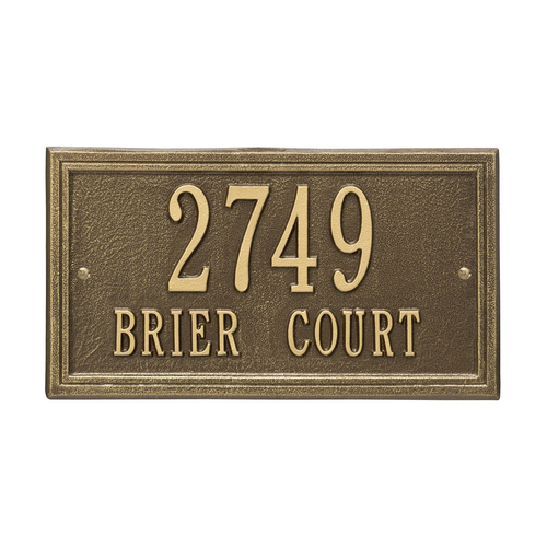 Rectangle Shape Double Line Address Plaque with a Antique Brass Finish, Standard Wall Mount with Two Lines of Text