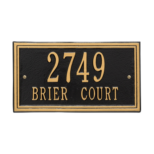 Rectangle Shape Double Line Address Plaque with a Black & Gold Finish, Standard Wall Mount with Two Lines of Text