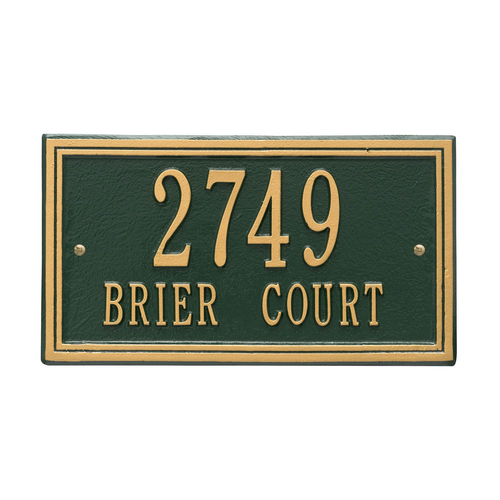 Rectangle Shape Double Line Address Plaque with a Green & Gold Finish, Standard Wall Mount with Two Lines of Text