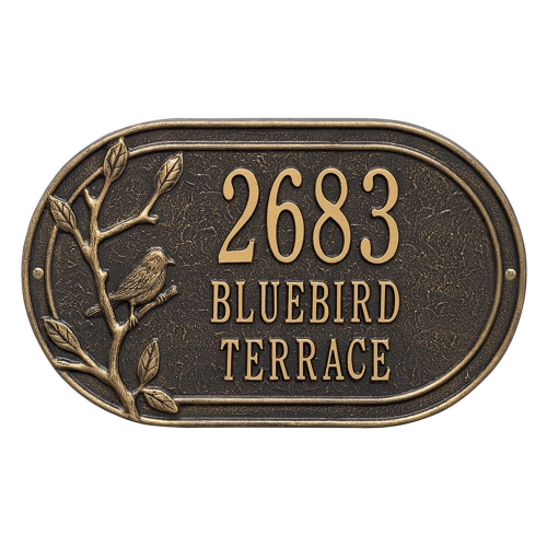 Personalized Woodridge Bird Oval Black & Gold Finish, Standard Wall with Three Lines of Text