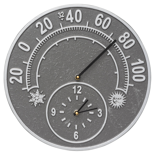 Solstice 14 in. Indoor Outdoor Wall Clock & Thermometer Pewter & Silver