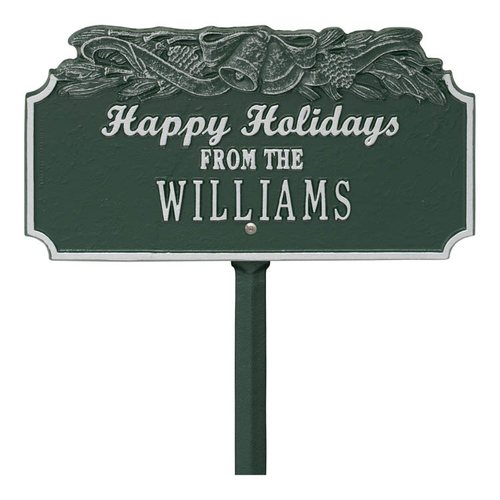 Happy Holidays Yard Sign with Christmas Bells on Top with One Line of Text, Finished Green & Silver