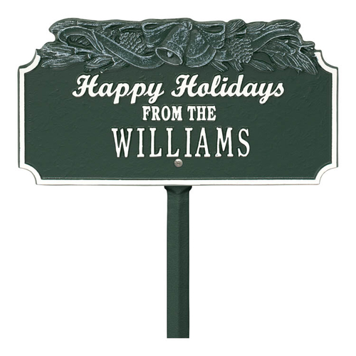 Happy Holidays Yard Sign with Christmas Bells on Top with One Line of Text, Finished Green & White