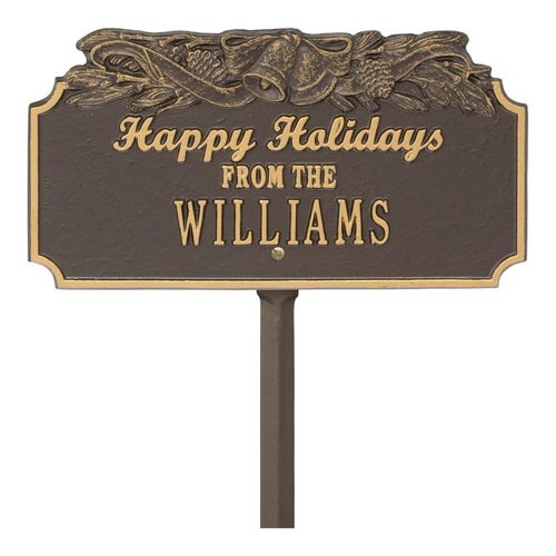 Happy Holidays Yard Sign with Christmas Bells on Top with One Line of Text, Finished Bronze & Gold