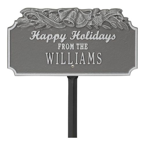 Happy Holidays Yard Sign with Christmas Bells on Top with One Line of Text, Finished Pewter & Silver
