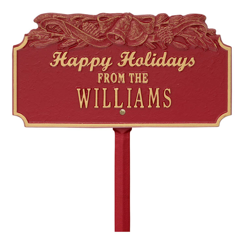 Happy Holidays Yard Sign with Christmas Bells on Top with One Line of Text, Finished Red & Gold
