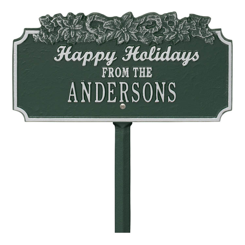 Happy Holidays Yard Sign with Candy Canes on Top with One Line of Text, Finished Green & Silver