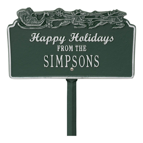 Happy Holidays Yard Sign with Santa's Sleigh on Top with One Line of Text, Finished Green & Silver