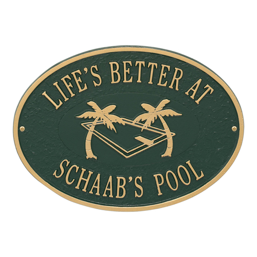 Personalized Swimming Pool Party plaque Green & Gold
