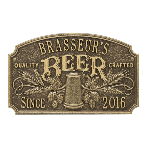 Quality Crafted Beer Arch Plaque with Since Date, Finish, Standard Wall 2-line Antique Brass