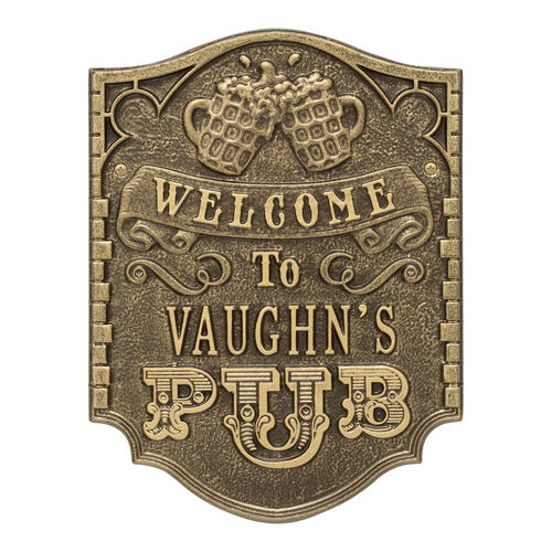 Pub Welcome Plaque, Finish, Standard Wall 1-line Antique Brass