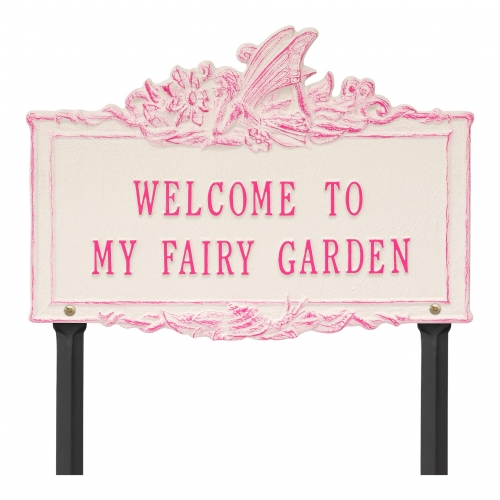 Welcome to My Fairy Lawn Plaque Magenta & Stucco
