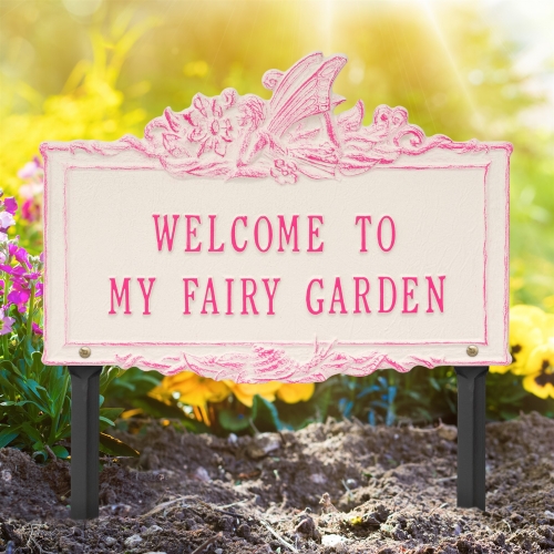 Welcome to My Fairy Lawn Plaque Magenta & Stucco 2