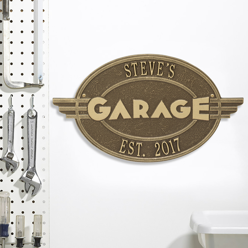 Moderno Garage Antique Brass Plaque in use.