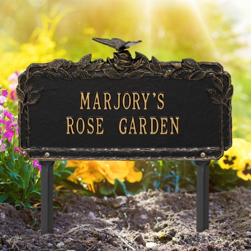 Butterfly Rose Garden Lawn Plaque Black & Gold 3