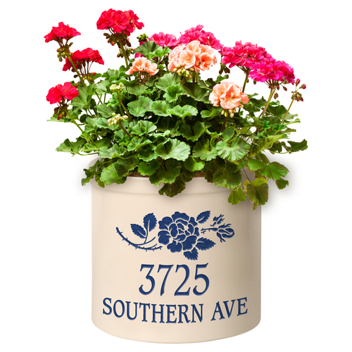 Personalized Rose Stem 2 Gallon Crock w/ Dark Blue Etching in use