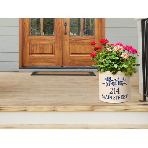 Personalized Dogwood Branch 2 Gallon Crock w/ Dark Blue Etching in a Setting.
