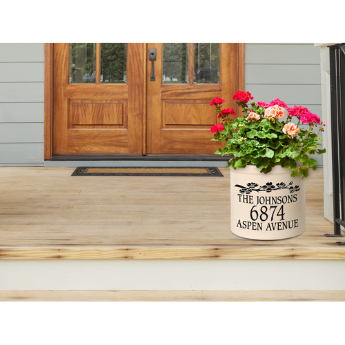Personalized Dogwood 2 Gallon Crock w/ Black Etching in a Setting.
