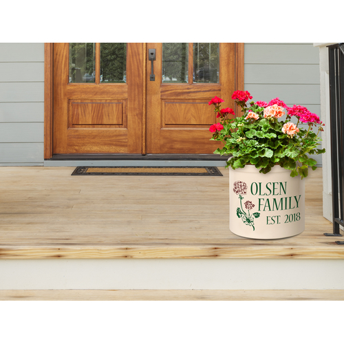 Personalized Geranium Established 2 Gallon Crock w/ Multi-Color Etching in a Setting.