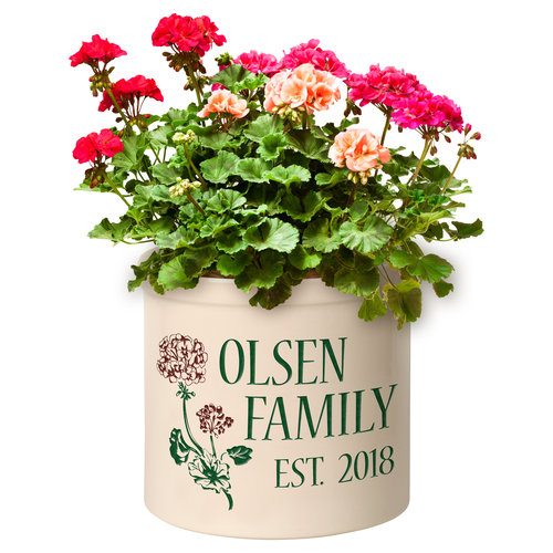Personalized Geranium Established 2 Gallon Crock w/ Multi-Color Etching in use